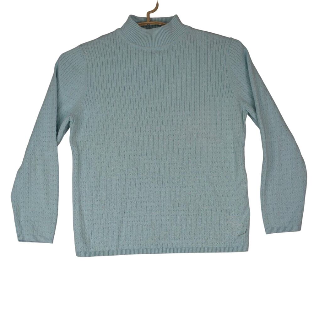 Karen Scott Sweater Cable Knit Mock Neck Blue Lightweight Cotton Size?‎ Read
